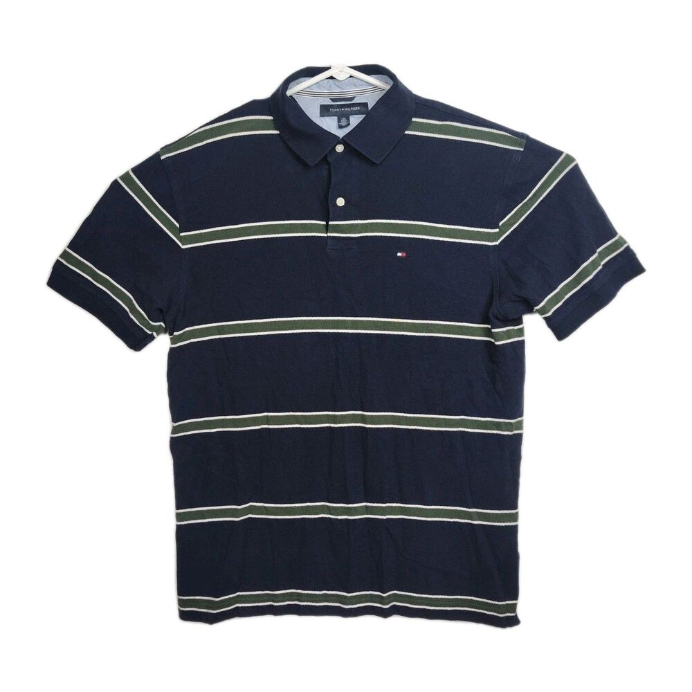 Tommy Hilfiger Polo Shirt Men's Size L Blue/Green Stripes 1/4-Button Short‎ Slvs
